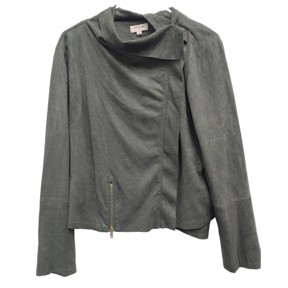 Umgee BOHO Jacket Womens Medium Olive‎ Green Faux Suede Cowl Neck Outdoor